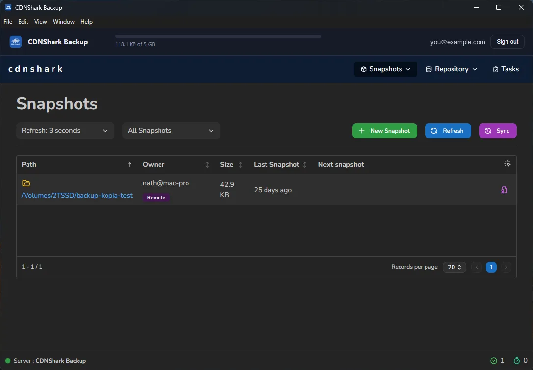 Your backups, listed — CDNShark Backup