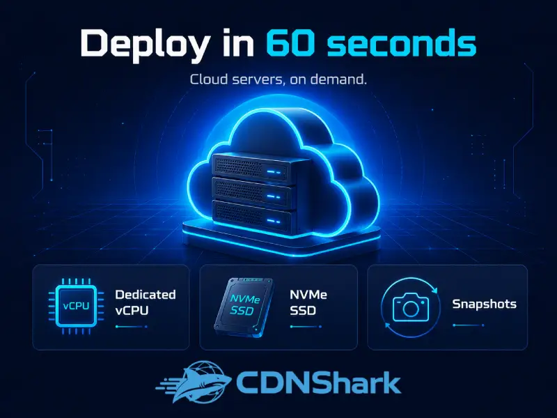 CDNShark cloud VPS: deploy in 60 seconds with dedicated vCPU, NVMe SSD and snapshots