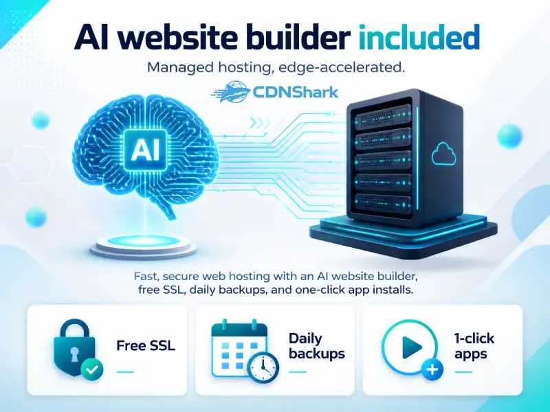 CDNShark managed web hosting with an AI website builder, free SSL, daily backups and one-click apps